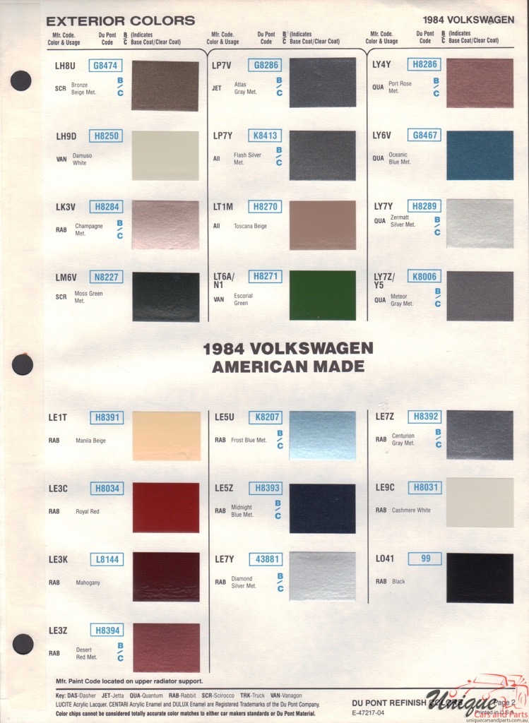 1984 Volkswagen Paint Charts DuPont 2